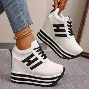 10cm Height Increase Wedge Sneakers - Lace-Up Canvas Shoes With Thick Platform Sole For All Seasons Footwear Trainer