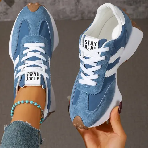 Women's New Thick Sole Casual Shoes, Patchwork Design with Laces, Breathable Anti-Slip Sneakers, Ideal for Outdoor Activities and Daily Commute, Athletic Sneakers