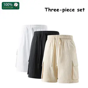 3-Pack Summer Lightweight Straight-Cut Cargo Loose Wide-Leg Linen Solid Color Casual Pants & Shorts (Bermuda Length)