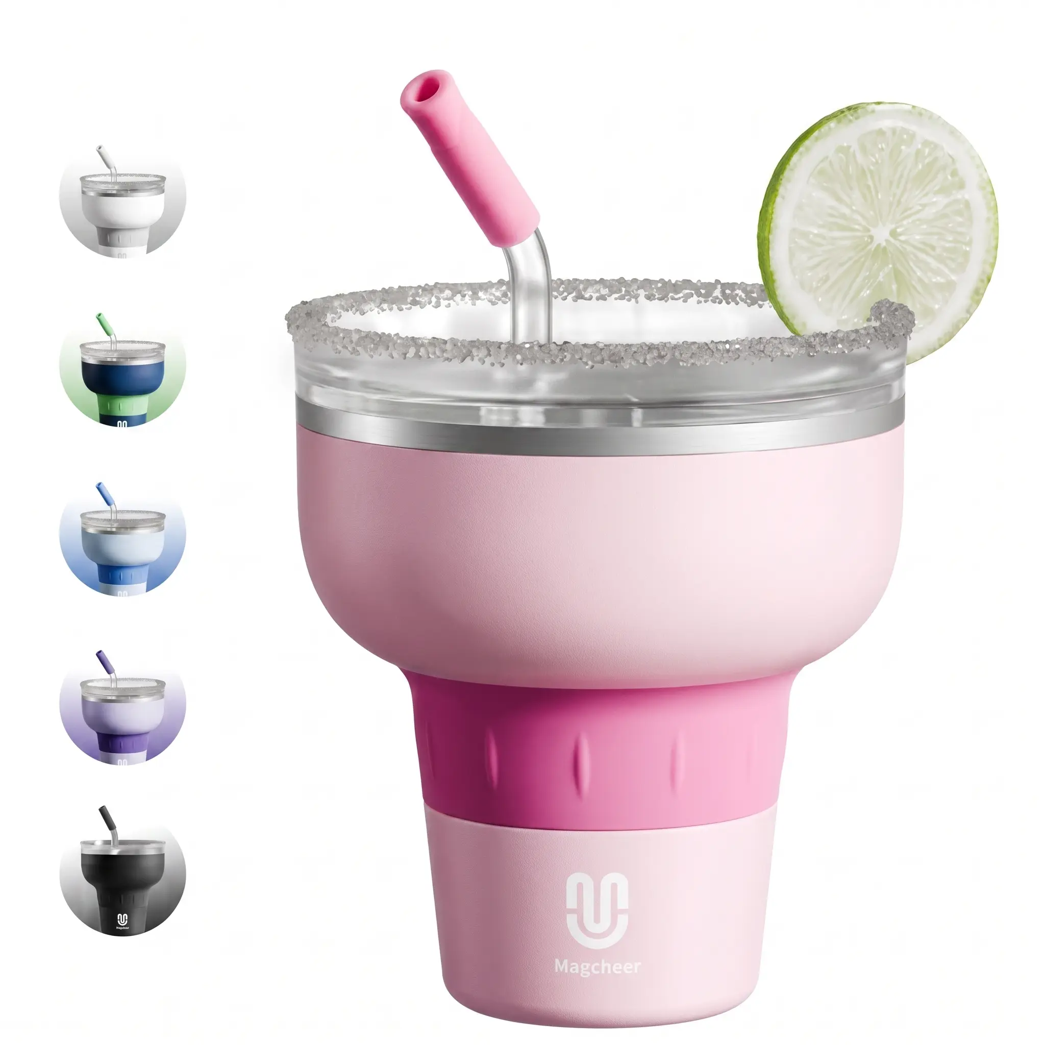 16 oz Cocktail Tumbler with Lid and Straw - Stainless Steel Insulated Margarita Tumbler - 320° Sippable Stemless Wine Cup for Party | Pink