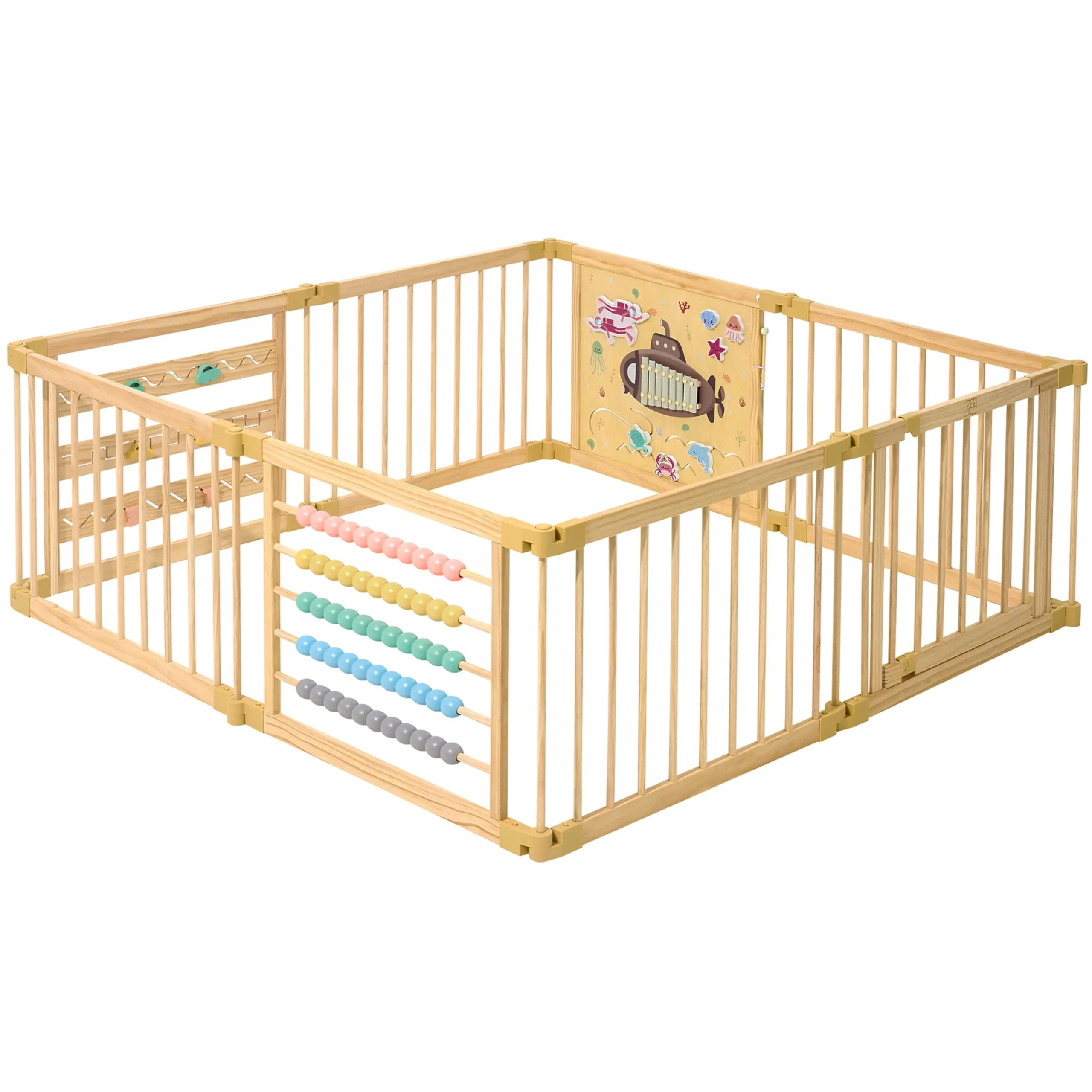 ZETY BABY Under the Sea Wooden Playpen - Foldable, Adjustable Play Area with Door and Built-In Activity Toys for Toddlers