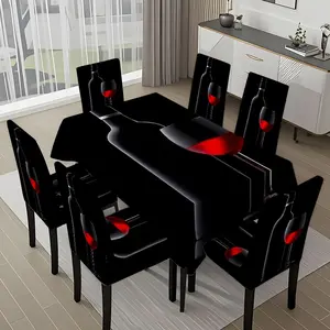 5/7-piece 2D Flat Printing Black - background Red Wine Glass and Wine Bottle Printing Pattern Tablecloth and Chair Cover Set, for dining table and chair decoration, perfect for home, holiday gatherings, restaurants, and parties, Washable Table Cover