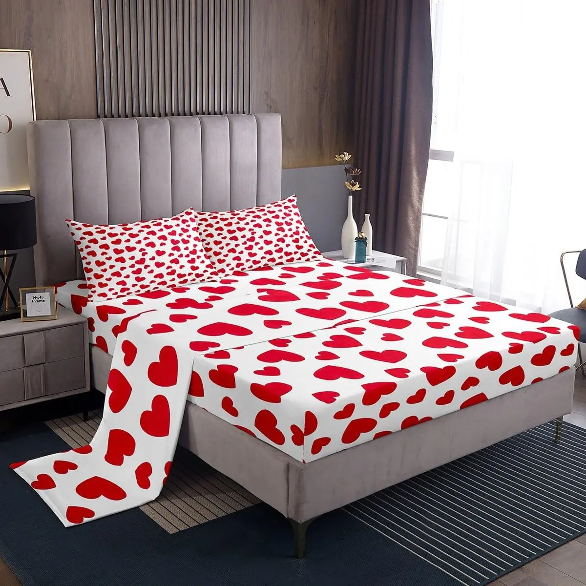 Feelyou Red Multi-Size Microfibre Bedding Set - Heart Print Bed Sheets, Breathable Weave, Deep Pockets, Cute Bedding Sets, Machine Washable, Romantic Love-Themed Bedroom Decor