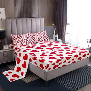Feelyou Red Bed Sheets Set - Heart Love Pattern Decorative Bedding Set for Kids, Romantic Bedroom Decor for Day of Love