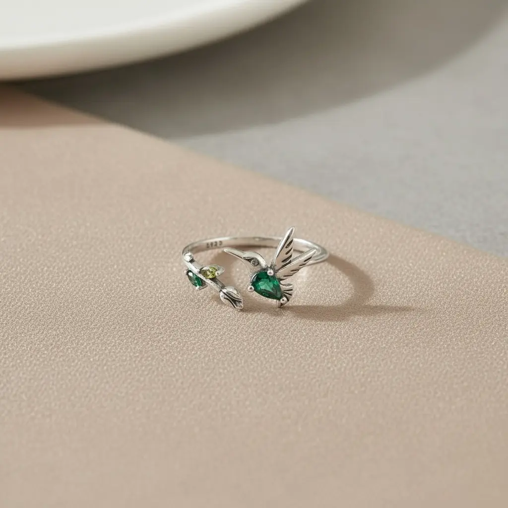 Hummingbird Adjustable Ring • 925 Sterling Silver Rose Flower Ring • Leaf Wrap Band • Animal Lover Gift • Dainty Open Ring for Women