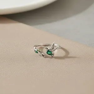 Hummingbird Adjustable Ring • 925 Sterling Silver Rose Flower Ring • Leaf Wrap Band • Animal Lover Gift • Dainty Open Ring for Women