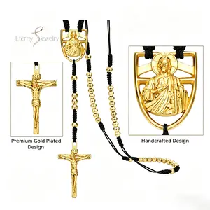 14K Gold-Plated Jesus Christ Crucifix Cross with the Lord's Prayer Pendant and Black Bead Cord Long Catholic Faith Necklace Custom Designer Pocket Religious Prayer Jewelry Christian Gift of Protection and Blessing Gold Choker
