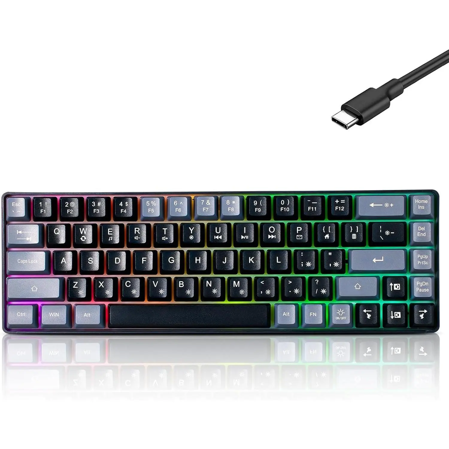 Mini 60% Ergonomic Wired Gaming Keyboard - 68 Membrane Keys, RGB Adjustable Backlight Brightness, Portable for Windows Laptop PC Gamers, Black-Grey Office Use, Compact Design