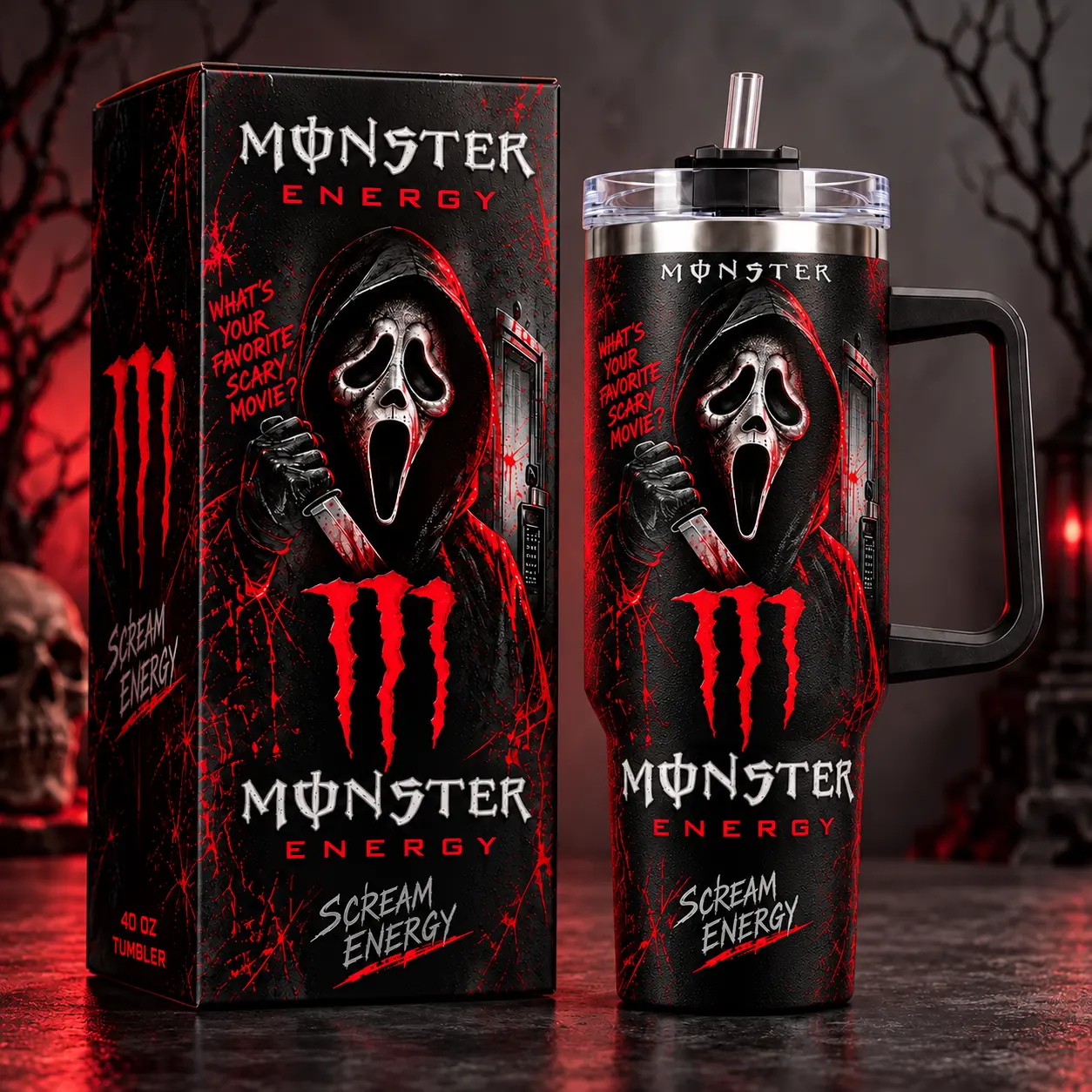 Ghost Face Horror Movie x Energy Drink 40oz/ 20oz/ 30oz Insulated Tumbler with Handle & Straw Lid | Stainless Steel Halloween Travel Mug