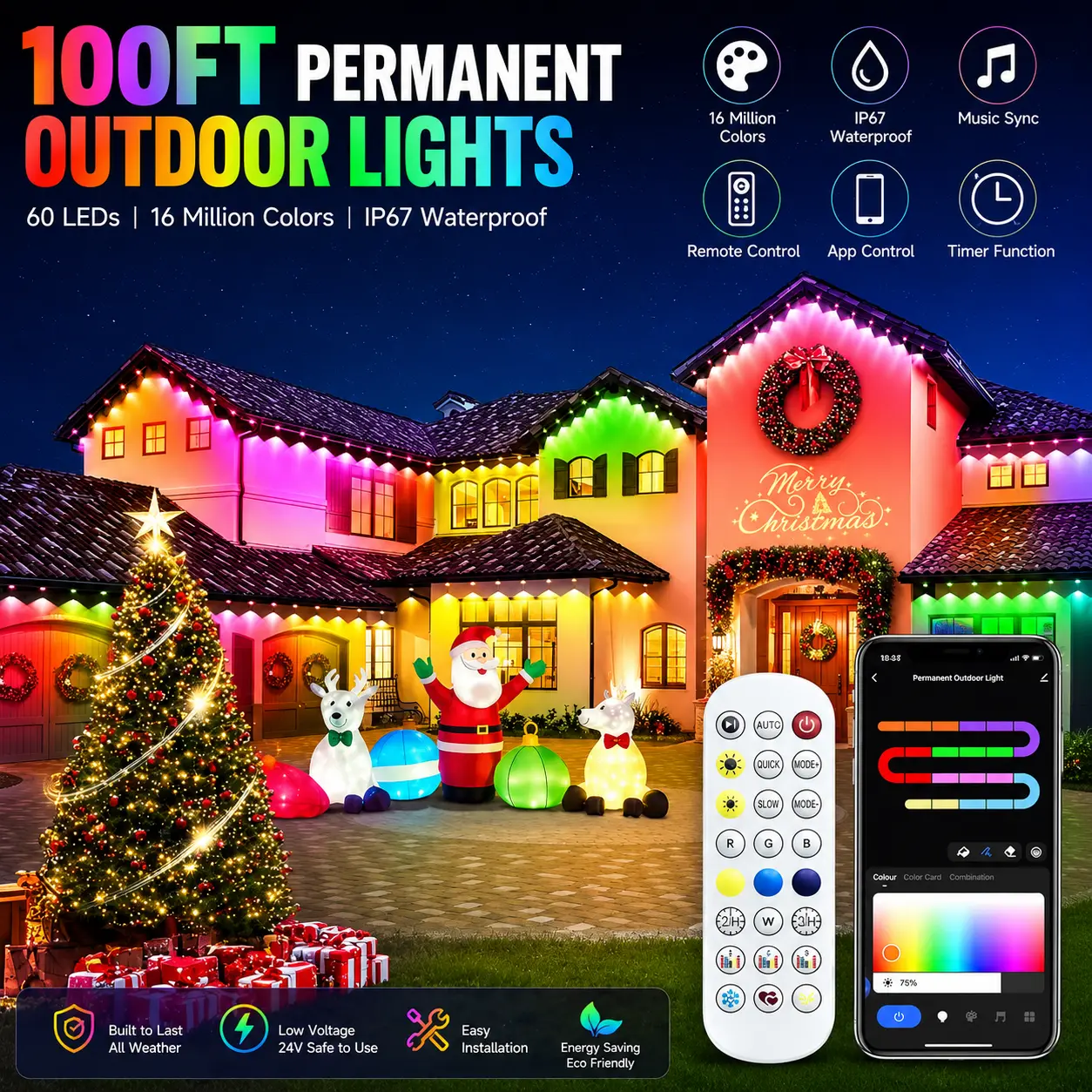 100FT RGB LED Light Strips - 60 LEDs, IP67 Waterproof, 100ft Permanent Outdoor Light, Bluetooth Remote & App Controller, Adjustable, Power Adapter, Color Changing, Music Sync, Timer, DIY Scenes, Halloween Decor