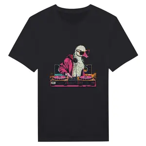 Funny DJ Duck Play Music T-shirt Graphic Tee With Cool Designs Funny Styles Classic Fit 100% Cotton Seamless Body Short Sleeve Tee