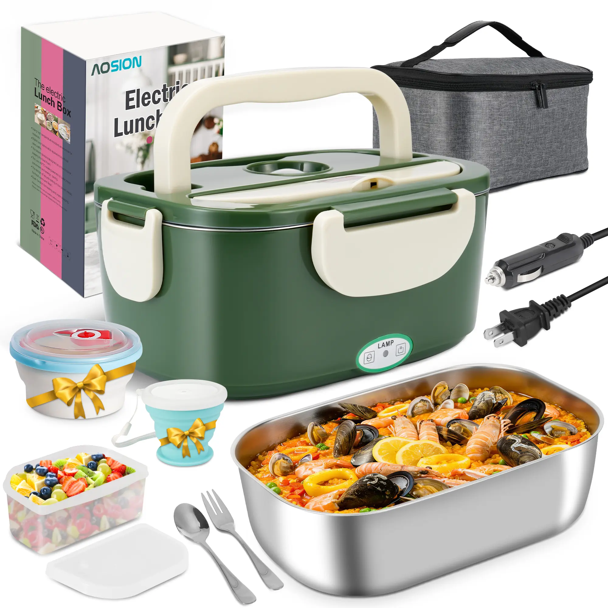 AOSION 1.5L Electric Lunch Box for Work & Car, Portable Heated Lunch Box with Insulated Bag, Stainless Steel Container, Folding Bowl & Cup