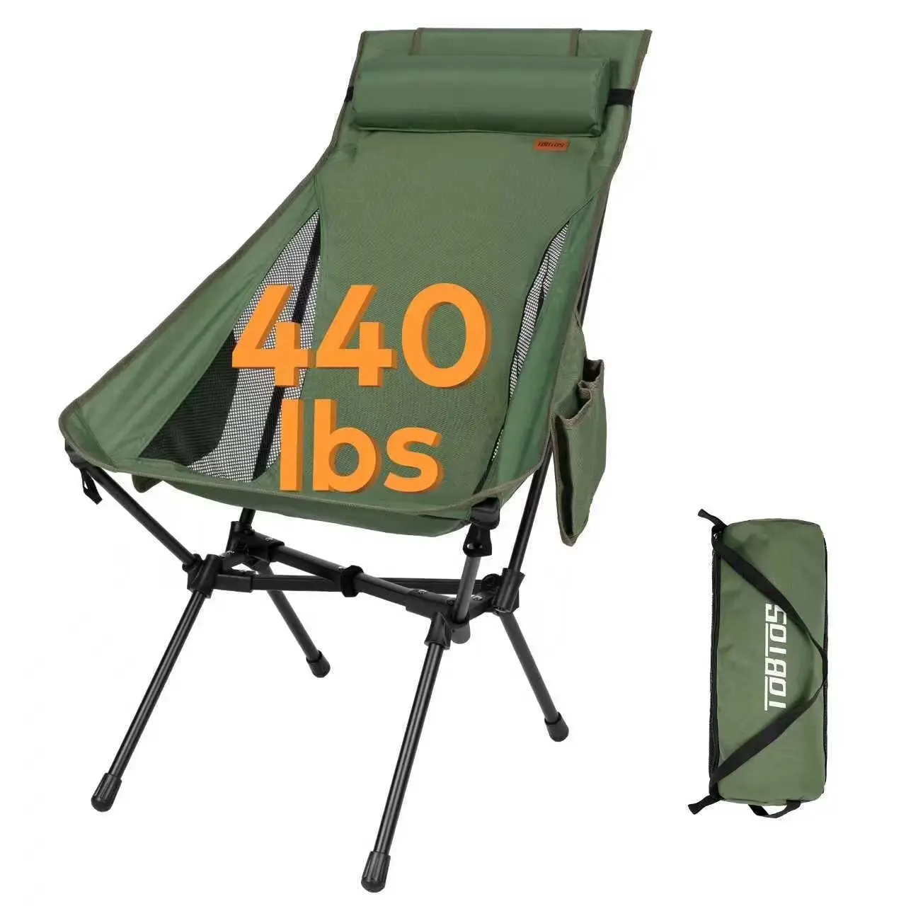 440lbs High Back Camping Chair with Pillow, Oversized Heavy Duty Camp Chair for Camping, Hiking, Backpacking (Green)