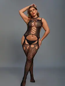 Plus Size Mesh Bodysuit, Cross Back Transparent Lace Lingerie, Hollow Out Polka Dot Design, Perfect for Photoshoots and Dates