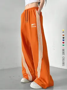 Women's Wide-Leg Track Pants, elastic drawstring waist with contrast side stripes, relaxed fit for streetwear, dance and casual daily wear, available in multiple colors including black, red, yellow and blue