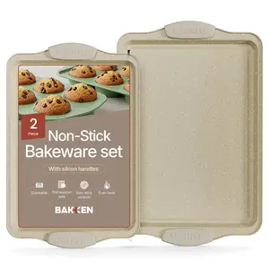 BAKKEN Kitchen Baking Pans - Medium (15.15 × 10.03") and Large (17.1 x 11.8") Nonstick Sheets, Carbon Steel Cookie Sheets with White Silicone Handle, PFOA, PFOS, PTFE Free, Oven Safe (450°F), Set of 2
