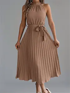 Women's Solid Color Pleated Dress, Elegant Fitted Sleeveless Dress for Summer, Women's Clothing for Daily Wear