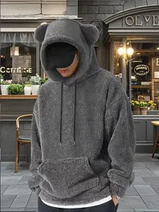 Autumn Winter Essential Cute Bear Ear Hooded Plush Sweatshirt, Soft Lamb Velvet Fabric, Loose Fit, Street Style, Warm & Fashionable