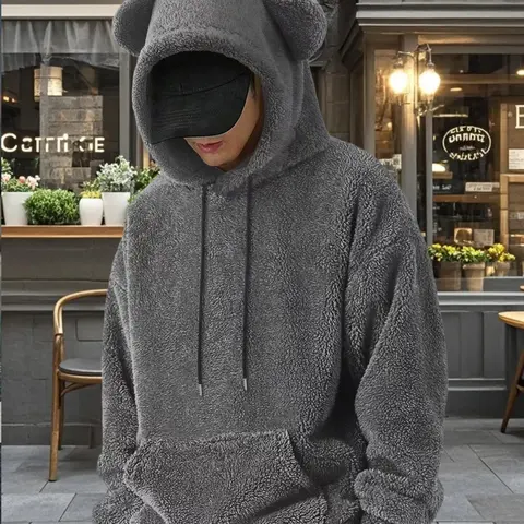 Autumn Winter Essential Cute Bear Ear Hooded Plush Pullover Casual Cozy Sweatshirt, Soft Lamb Velvet Fabric, Loose Fit, Casual Street Style, Warm & Fashionable, All Genders Hoodies