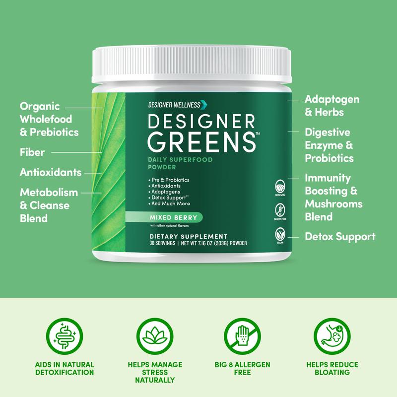 Designer Wellness, Designer Greens Superfood Powder with Prebiotics, Probiotics, Antioxidants, and Detox Support, 30 Servings