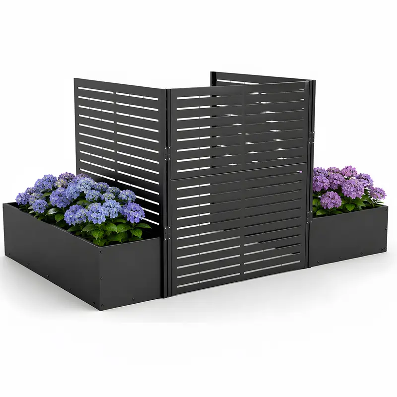 NAVINE Metal Air Conditioner Enclosure Fence, 3-Panel Privacy Screen with Planter Box, Black Outdoor Cover for Trash Can/Pool Equipment, 40.7" W x 39.5" H, Garden Buildings Enclosure, Enclosure Garden Buildings
