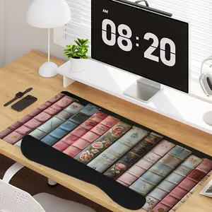 4 - in - 1 Vintage Painted Book Elements Large Gaming Mouse Pad + Keyboard Wrist Rest + Mouse Pad with Wrist Support + Coaster Set with Ergonomic Design for Home Office Table Computer, Rubber Base Mousepad with Stitched Edges, Easy Typing Pain Relief