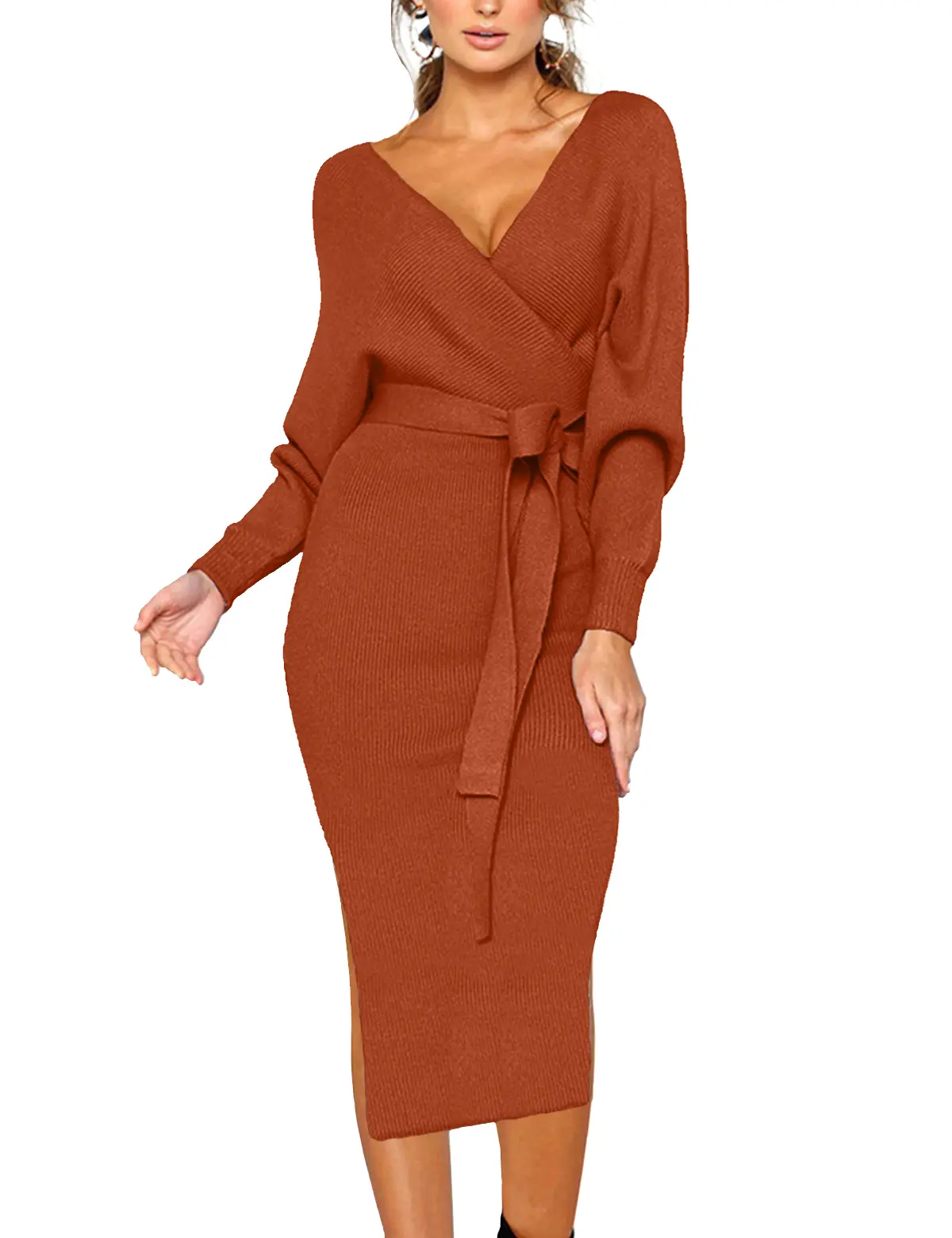 CHERFLY Women's V Neck Sweater Dresses Batwing Long Sleeve Backless Bodycon  Long Dress with Belt - TikTok Shop