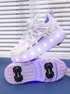 Girls' LED Light-Up Roller Skates, PU Leather Four-Wheel Inline Skates, USB Rechargeable, Detachable Wheels, All-Season Casual Shoes