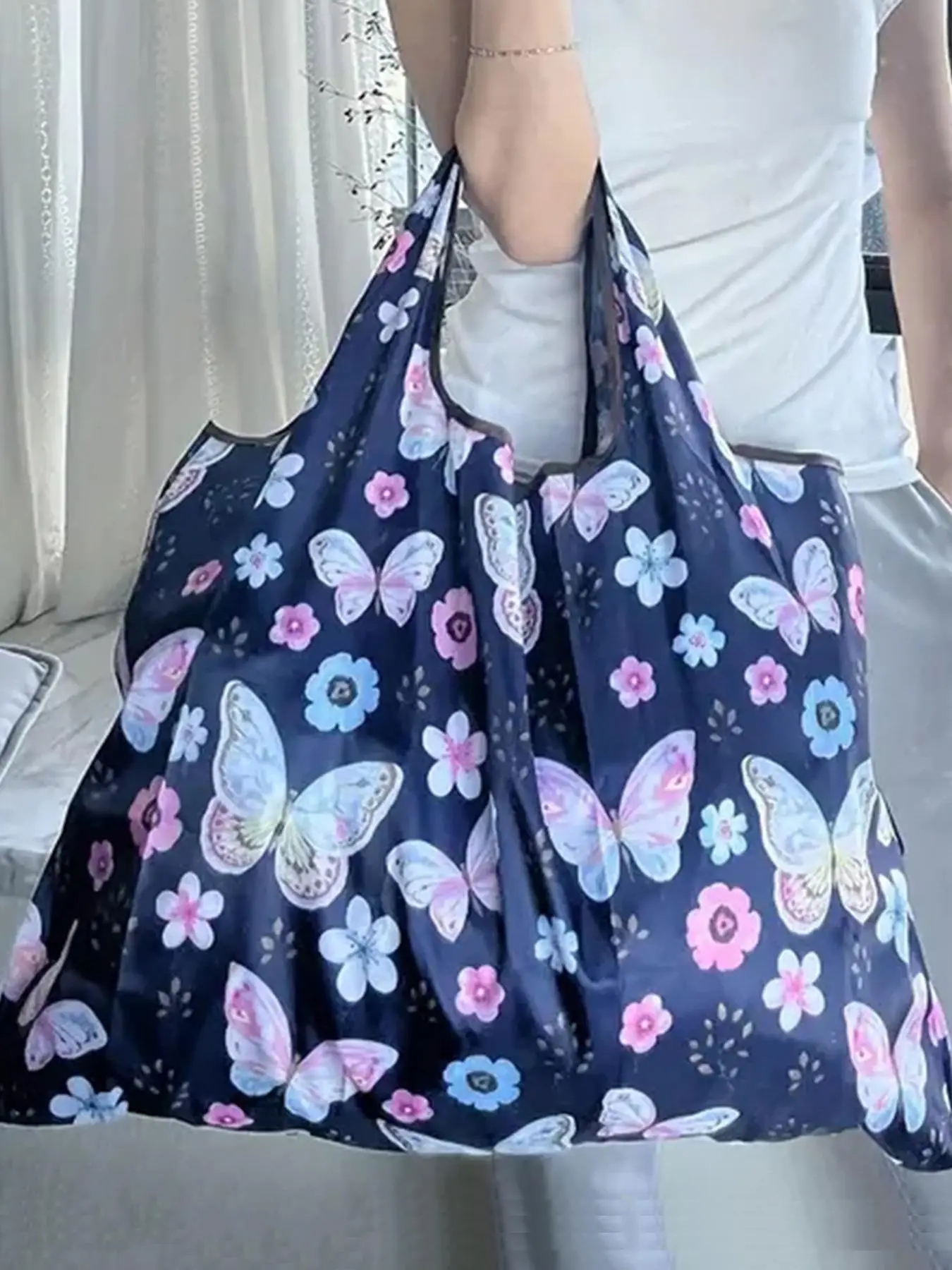 Colorblock Butterfly Print Foldable Shopping Bag, Casual Large Capacity Folding Travel Bag, Fashionable Reusable Bag for Women & Men