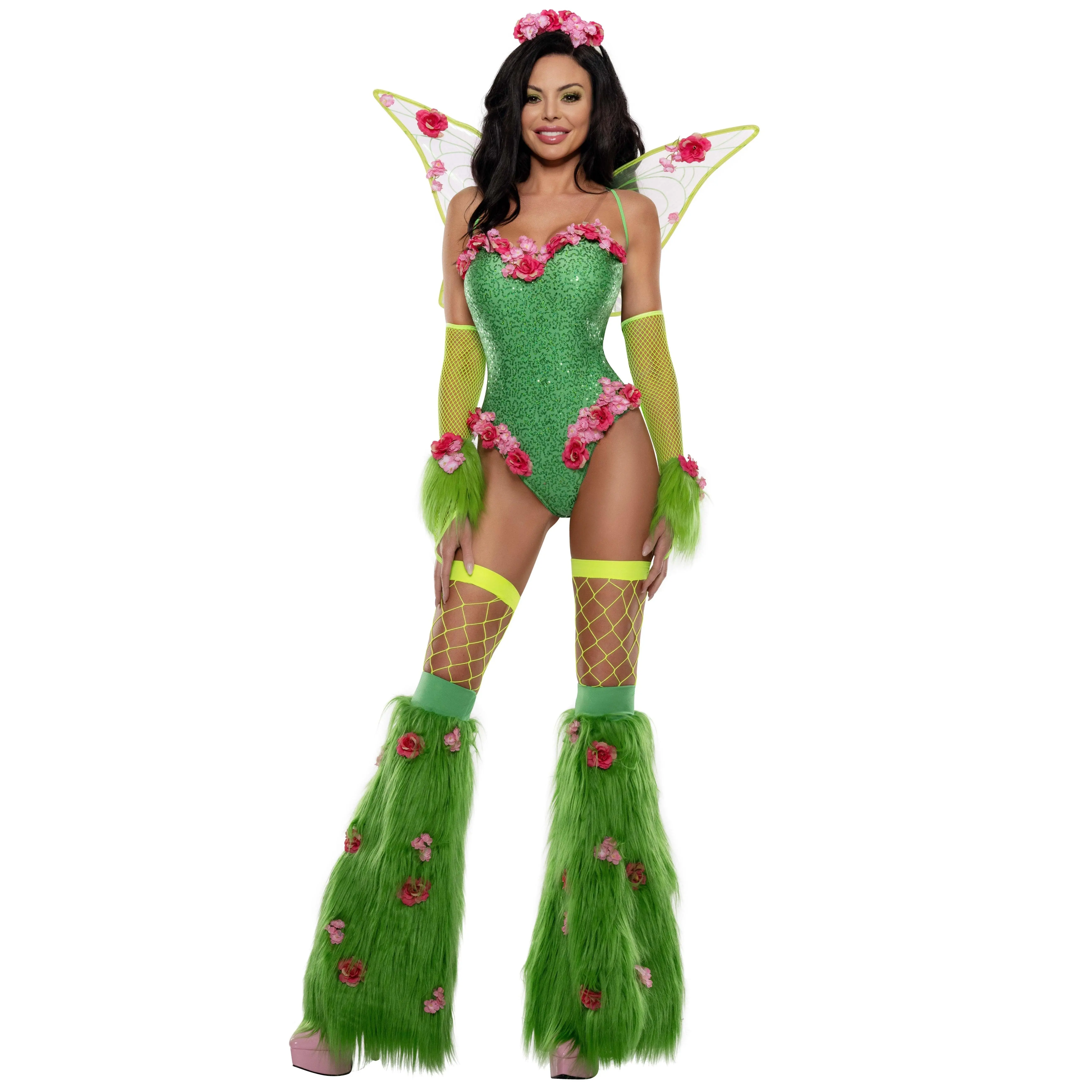 Women's Emerald Sequin Pixie Halloween Costume with Teddy, Forest-Themed Details, Fishnet Accessories
