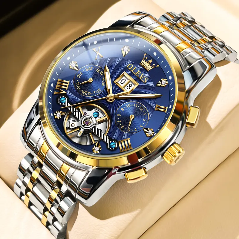 OLEVS Men's Automatic Mechanical Watch Skeleton Tourbillon Luxury Business Dress Wristwatch All-match Wristwatch for Gift Stainless Steel BandWaterproof Luminous Spring Pointer Design Watch with Box Calendar Diamond-set dial  National Day Offers 9910
