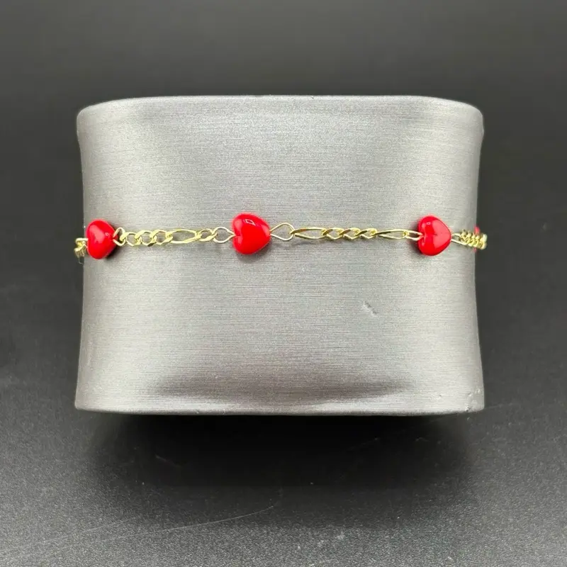 14k Gold Bracelet, Size 7, Red Hearts Design, Kenia Collection Everyday Wear Jewelry