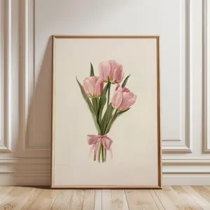 Coquette Tulips Bouquet Room Decor • Pink Girly Aesthetic Art • Y2k Cute Girly Decor • Blush Pink Bow Wall Art - No