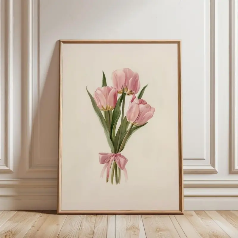 Coquette Tulips Bouquet Room   • Pink Girly Aesthetic Art • Y2k Cute Girly   • Blush Pink Bow Wall Art - No