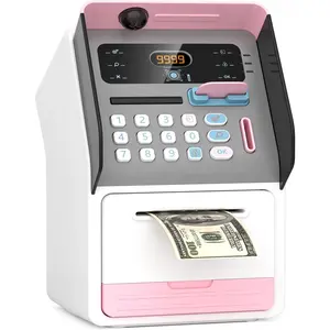 Atm piggy bank for kids with debit card for real money talking atm machine with onekey shutdown poweroff memory bill feeder balance calculator smart piggy bank pink