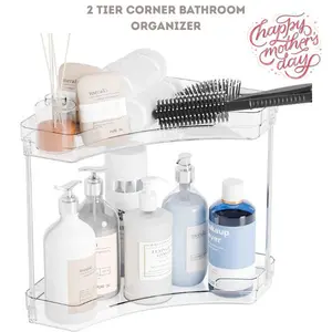 2-Tier Compact Waterproof Modern Corner Bathroom Organizer - Clear Countertop Sink Vanity Rack for Makeup & Beauty Products, Space-Saving Home Supply, Mom Gifts