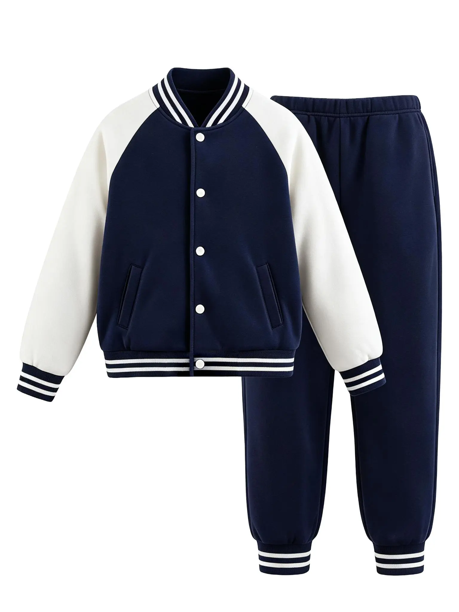 Girls' 2-Piece Baseball Tracksuit Set - Raglan Color Block Varsity Jacket with Rib Collar, Snap Buttons, Striped Cuffs + Striped Jogger Pants, Breathable Machine-Washable Outfit for Daily School Use