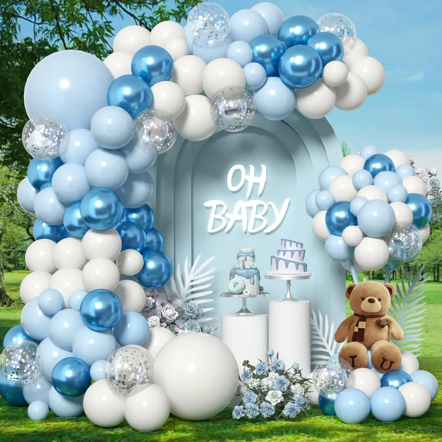 Blue Balloon Arch Kit Garland, Blue Balloons White Silver Confetti Balloons for Boy Shower Decorations Birthday Gender Reveal Bridal Shower Wedding Graduation Ocean Party Decorations