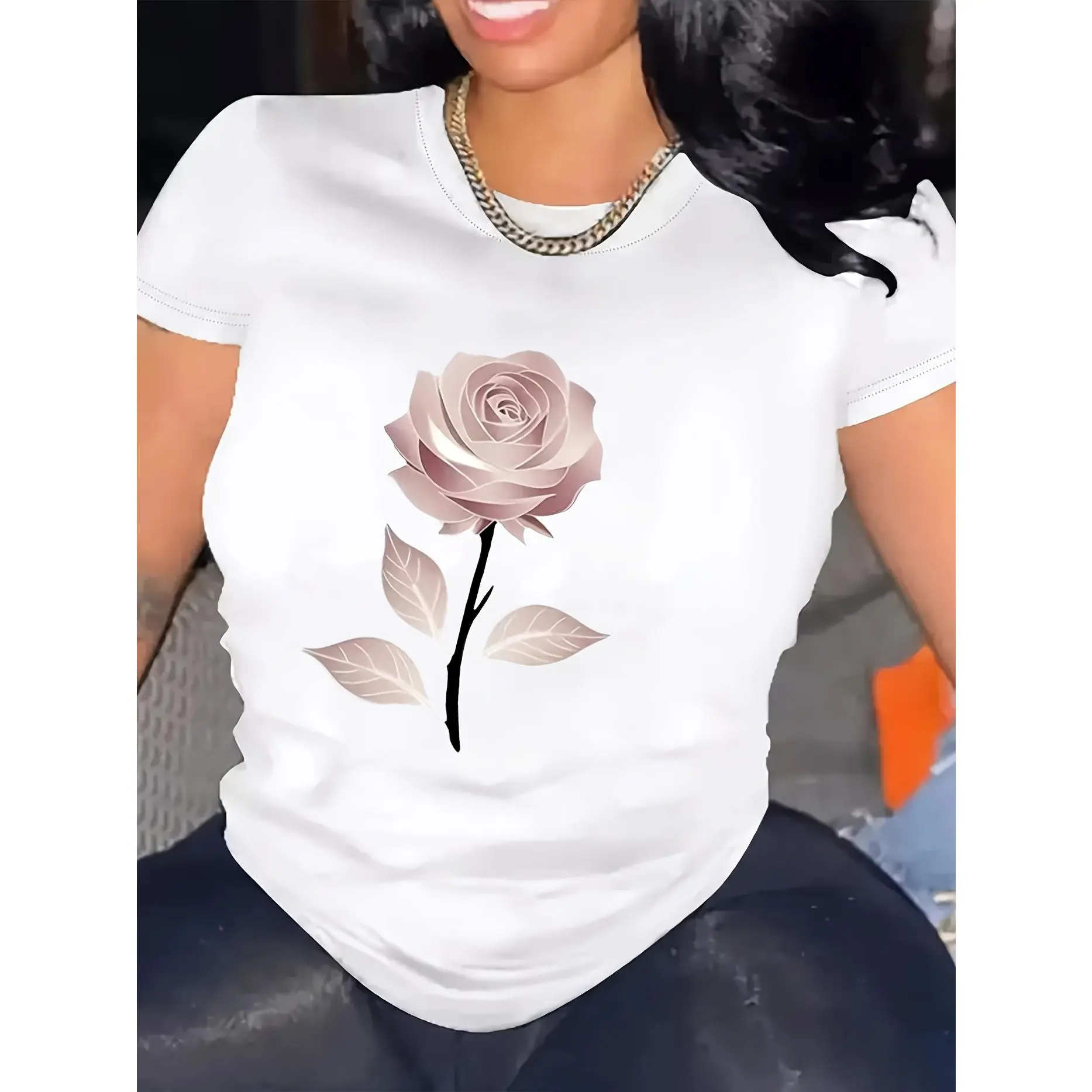 Pink rose pattern women's T-shirt, pure cotton Pure cotton T-shirt, loose-fitting T-shirt, women's short-sleeved, pure cotton, soft and skin-friendly.