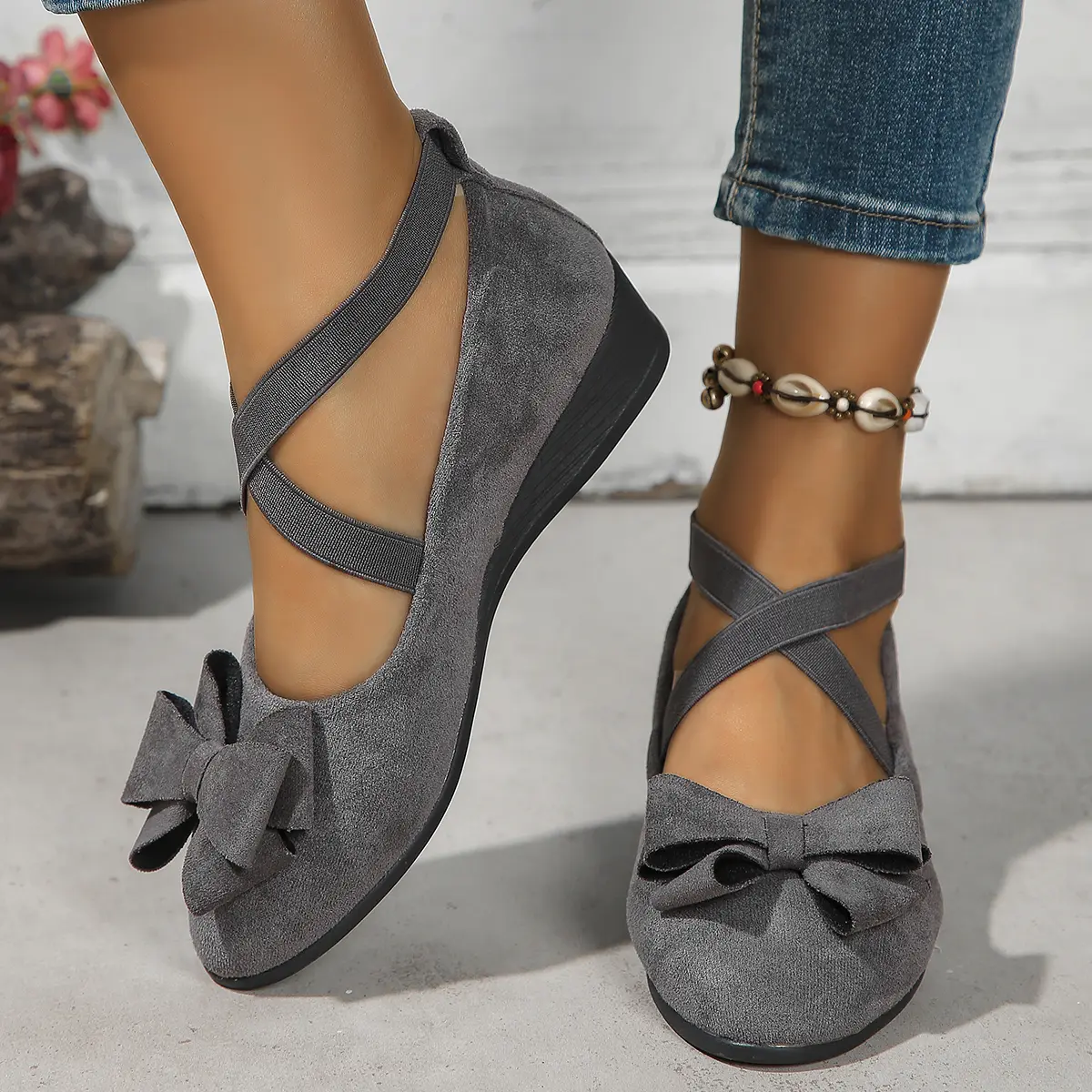 Women's Soft Suede Wedge Flat Footwear - Cute Bow-Accent Design, Comfortable Slip-On Shoes with Elastic Strap, Polyester Details for Casual Office Wear, Chic, Minimalist