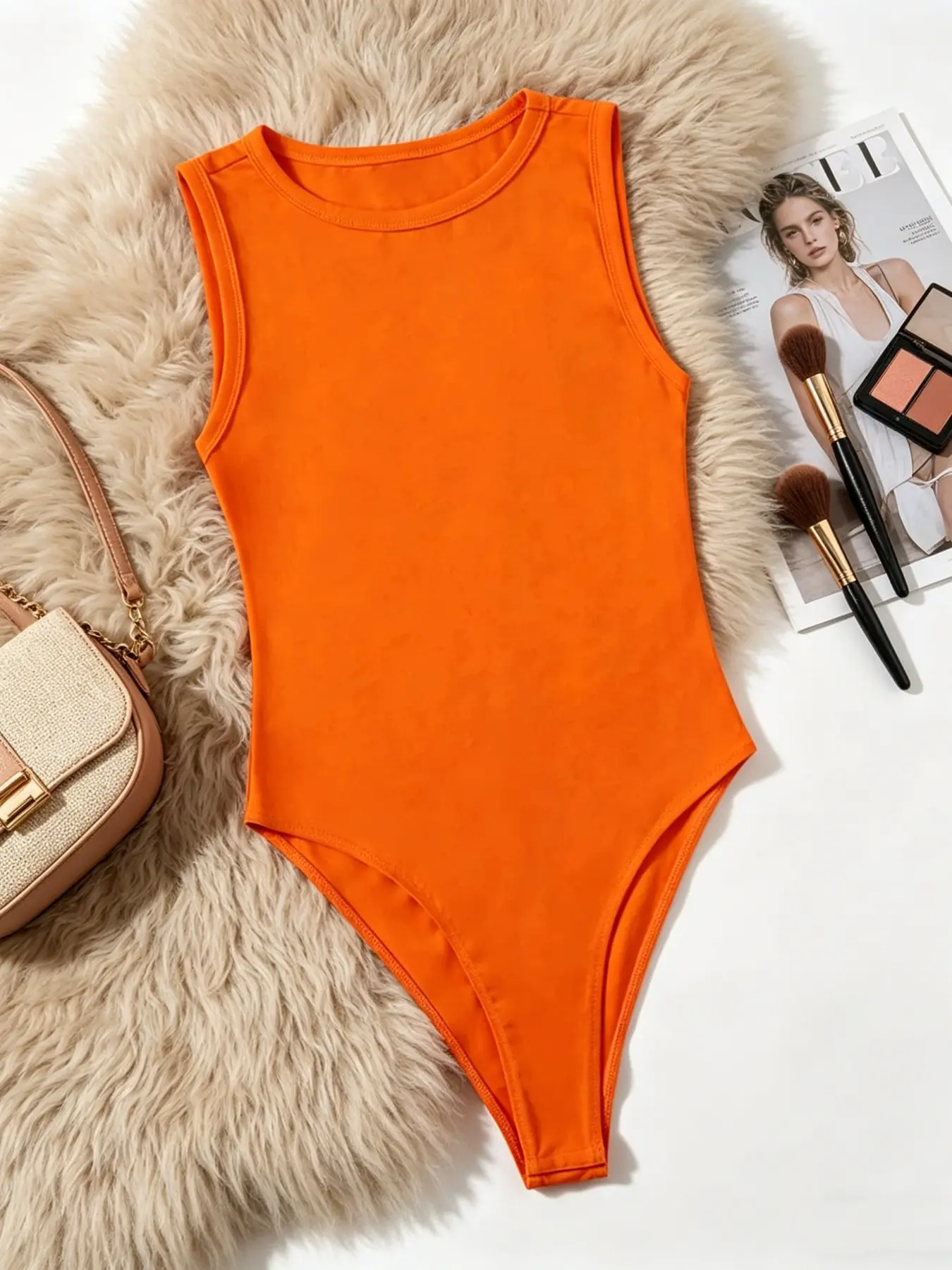 Women's Sleeveless Solid Color Romper, Elastic Round Neck Tank Top, Slim Fit Basic Casual Tight Shirt, Comfortable and Stylish, Stretchy, Slim Fitting Bodysuit