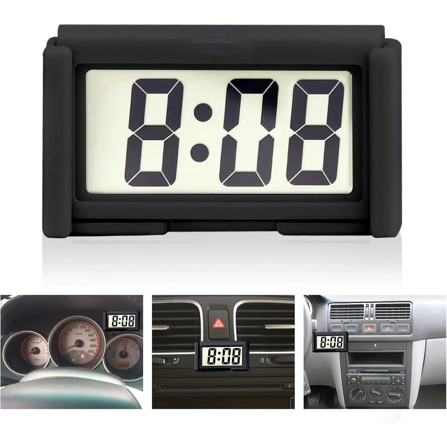 Automotive Car Dashboard Digital Clock - Jumbo LCD Time & Day Display, Mini Stick-On Mini Watch for Car & Truck Dashboard, Air Vent (Black)