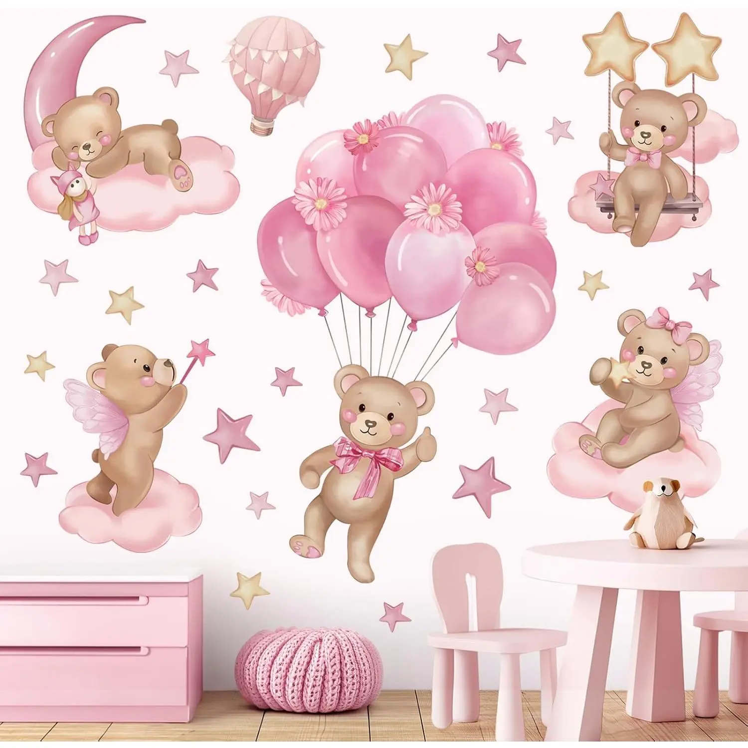 Peel-and-Stick Pink Balloon Bear Wall Decals, 2 Sheets 90x30cm Hot Air Balloon Clouds Stars Wall Decor for Girls' Room Bedroom Home Decorative Stickers, Self-Adhesive