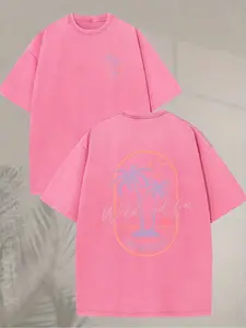 Men's Heavyweight 200g Washed T-Shirt — Featuring a vintage surf-style print of a tropical beach sunset and palm trees, rendered in a retro color palette of soft pink and orange. This loose-fitting, casual crew-neck tee offers short sleeves and a soft, br