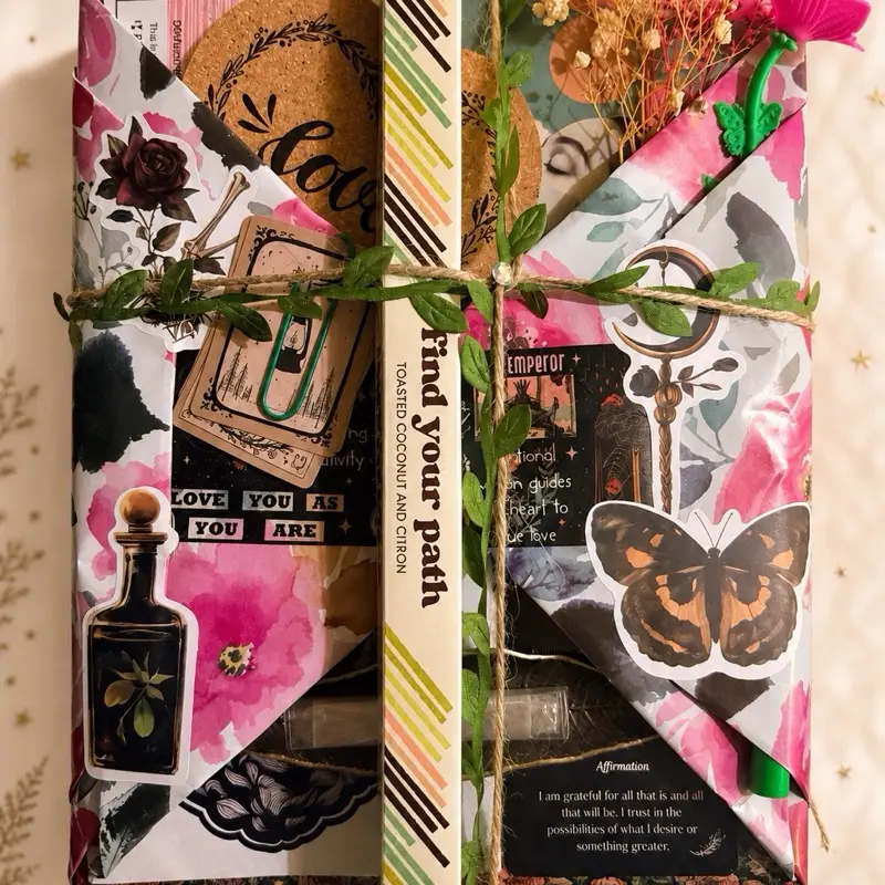 WITCHY DATE WITH A BOOK (BIG BOOK EDITION) EXTRA EXTRA GOODIES (Inscence, Inscence holder, Stickers, selenite wand, flowers, postcard, sticky tabs, universe “check”, drinks, keychain, writing pen, candle,notepad, baby spoon and fork, and other surprises!)