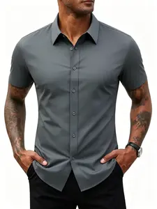 Men's slim-fit short-sleeve dress shirt, wrinkle-free solid color business casual button-up top, summer stretch formal shirt, Father's Day gift menswear