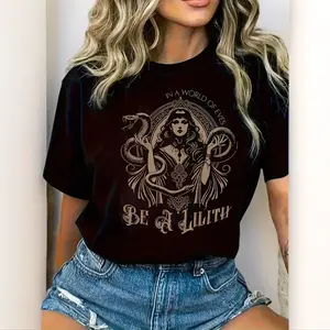Women's Black T-Shirt with Lilith & Serpent Design "In a World of Eve Be a Lilith" Graphic Casual Round Neck Tee Short Sleeve Lightweight Polyester Blend for Spring Summer