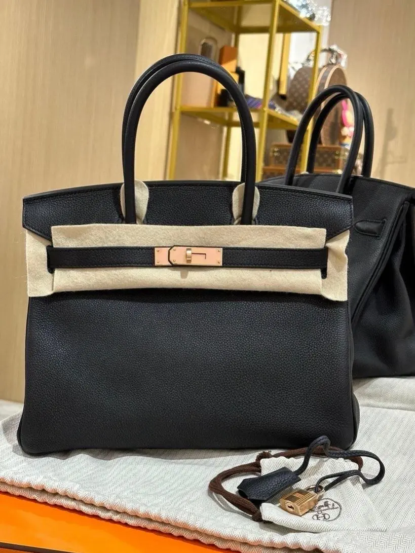 Pre-owned HERMÈS Birkin 30 Handbag Black Togo Leather Rose Gold Hardware Z Stamp 2411219
