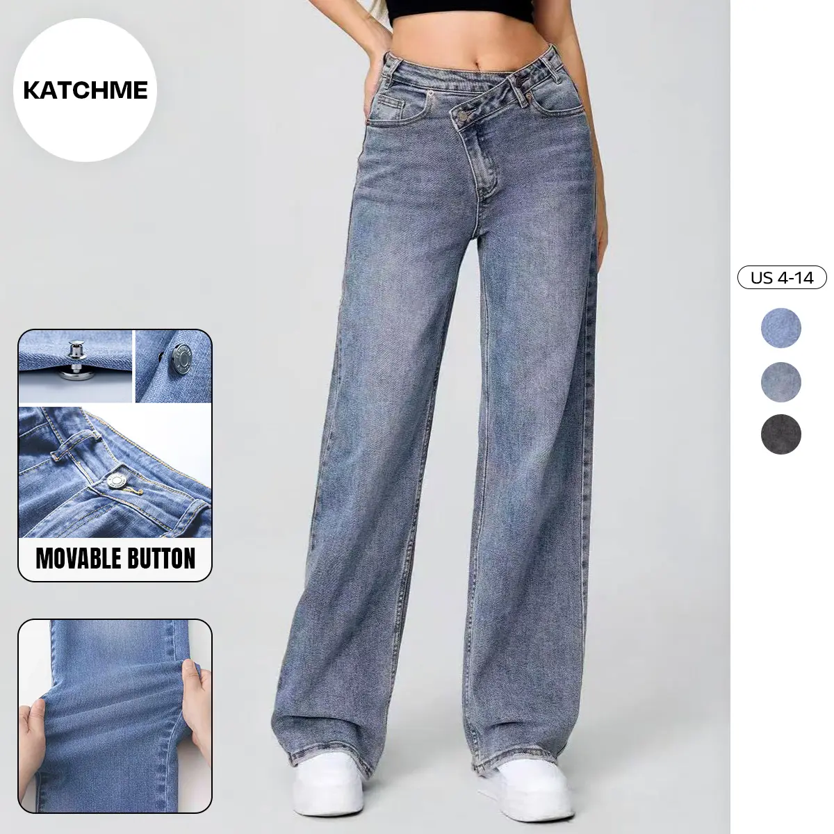 KatchMe Women's Street High Waist Multi-Pocket Baggy Denim Wide Leg Jeans, Vintage Non-Shrinking Streetwear, Relaxed Fit Stretchy Soft Pants, Casual Asymmetric Waist Denim Trousers (3)