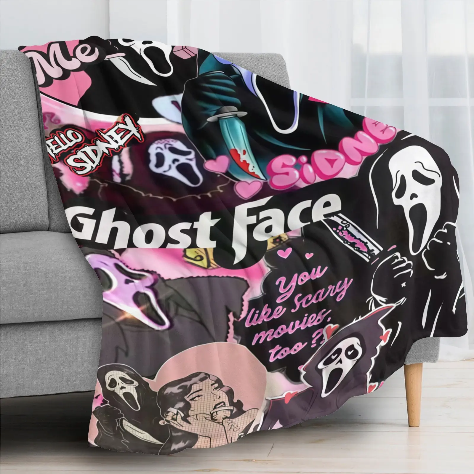 Pink Horror Ghost Face Collage Throw Blanket, Spooky Scary Mask Character Flannel Blanket, Gothic Pink Aesthetic Sofa Bed Warm Throw Room Decor horror movie blanket Halloween blanket